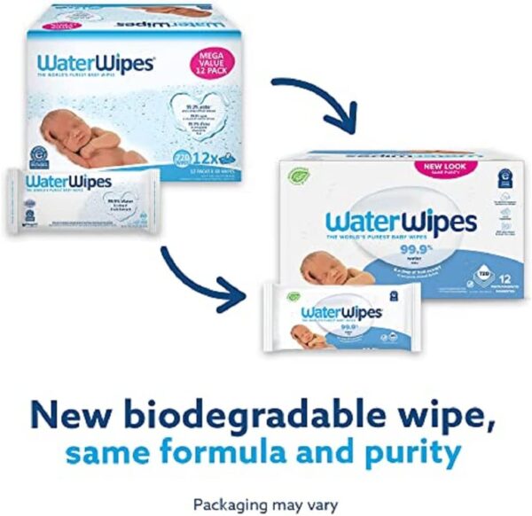 WaterWipes Plastic-Free Original Baby Wipes, 99.9% Water Based Wipes, Unscented & Hypoallergenic for Sensitive Skin, 720 Count (Pack of 12), Packaging May Vary - Image 3