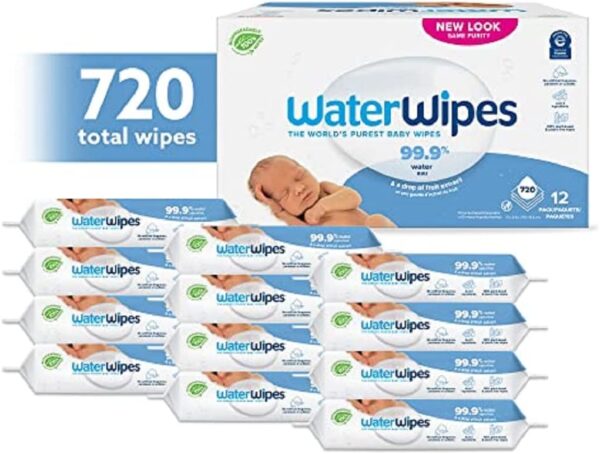 WaterWipes Plastic-Free Original Baby Wipes, 99.9% Water Based Wipes, Unscented & Hypoallergenic for Sensitive Skin, 720 Count (Pack of 12), Packaging May Vary - Image 2