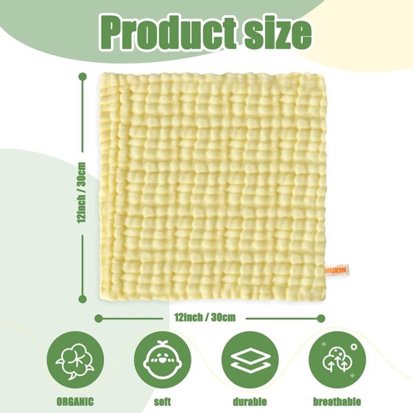 MUKIN Baby Muslin Washcloths - Soft Face Cloths for Newborn, Absorbent Bath Face Towels, Baby Wipes, Burp Cloths or Face Towels, Baby Registry as Shower. Pack of 10 (Yellow,Green,White) - Image 4